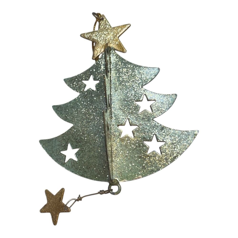 3D  Metal Christmas Tree Ornament Gold Green Glitter Cut Out Stars 4"